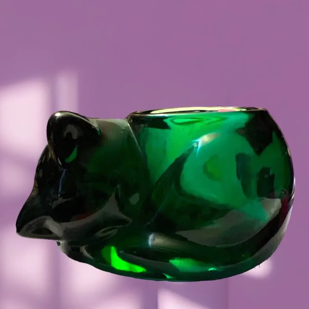 Vintage Indiana Glass Green Cat Candle Lite Glass 90s Votive Candle Holder